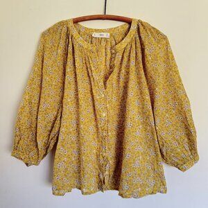 Mango Yellow Floral Peasant Top Size S Boho Cottagecore Puff Sleeve Blouse